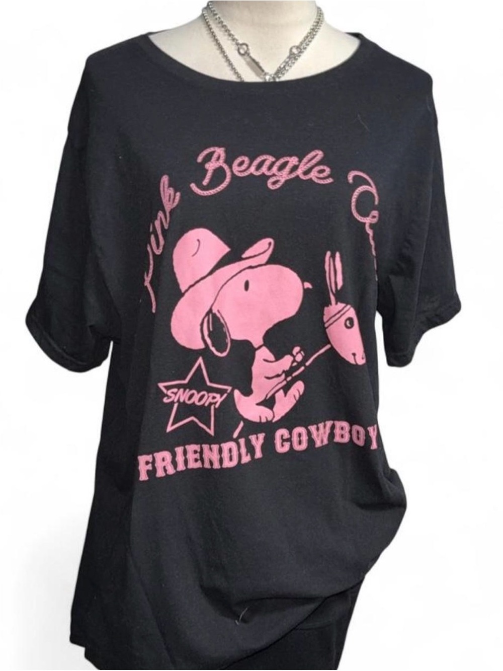 Peanuts Black Tee with Pink Snoopy 'Friendly Cowboy' Graphic